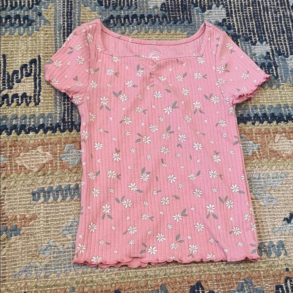 wonder nation Pink Floral Ribbed Short Sleeve Top